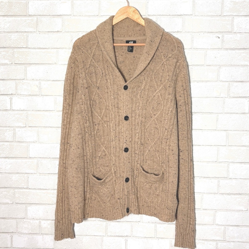 Mens Wool Cable Knit Grandpa Cardigan XL Shawl Collar Fisherman Academia Minimal